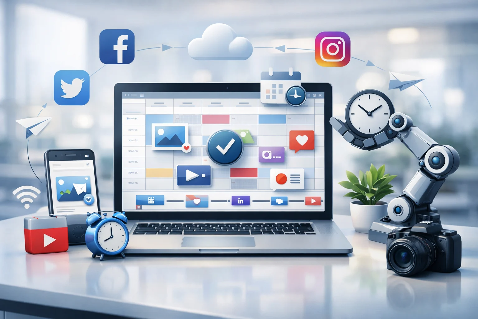 Professional visualization of scheduling social media content concepts with modern design elements and business context