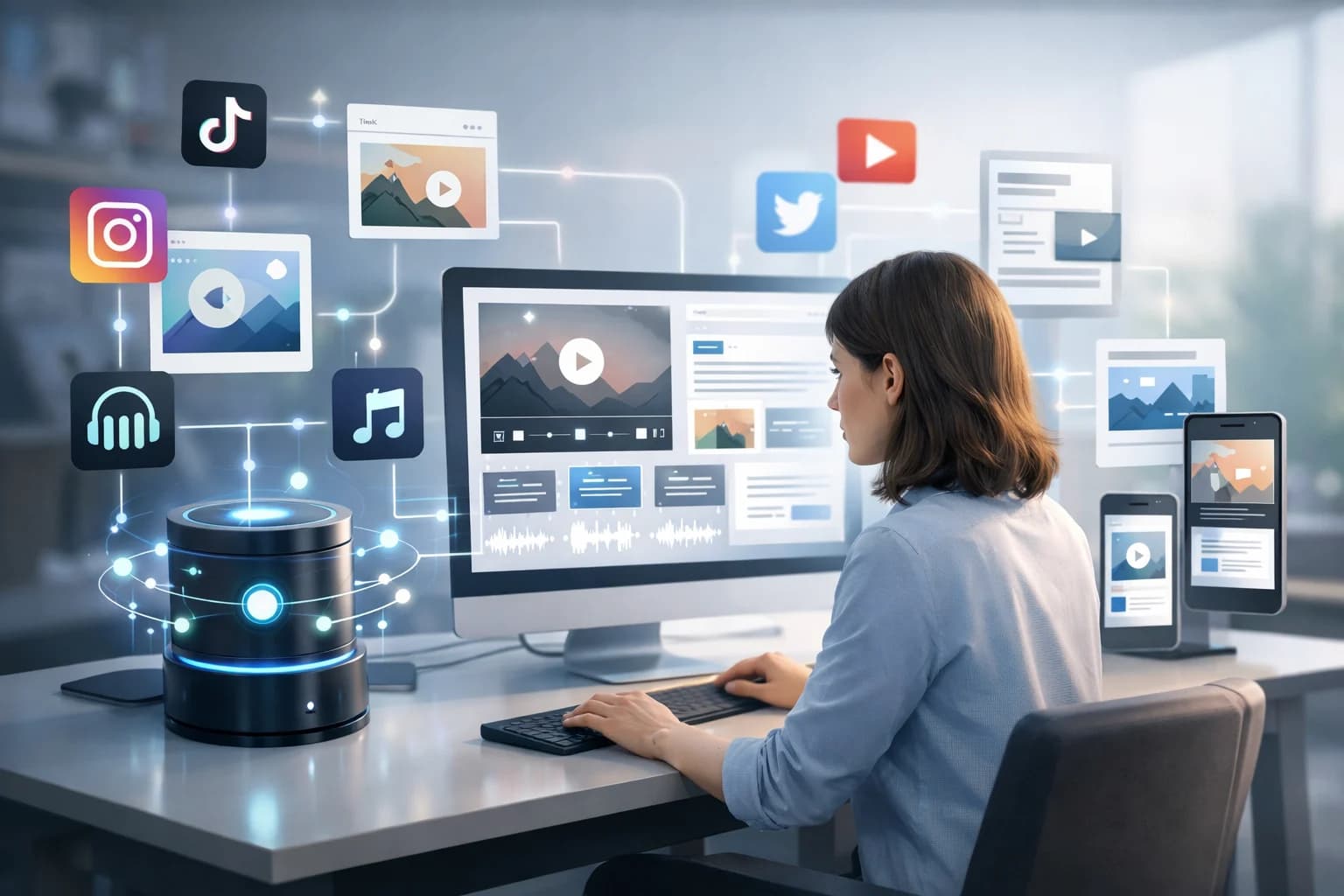 Professional visualization of automating social media content concepts with modern design elements and business context