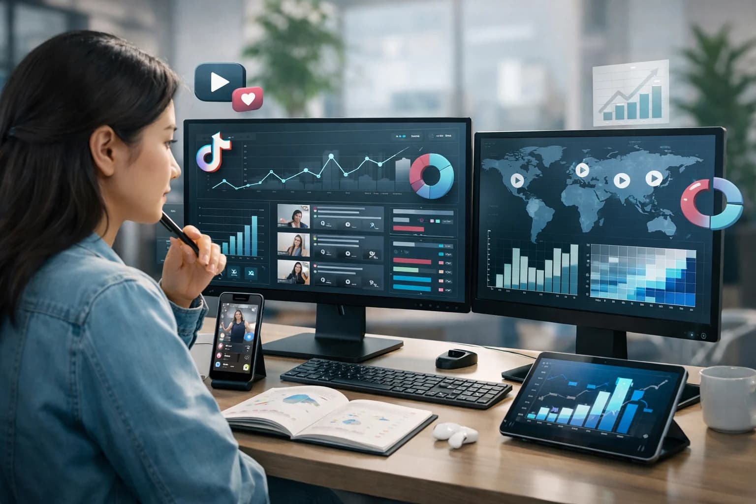 Professional visualization of analyzing tiktok video trends concepts with modern design elements and business context