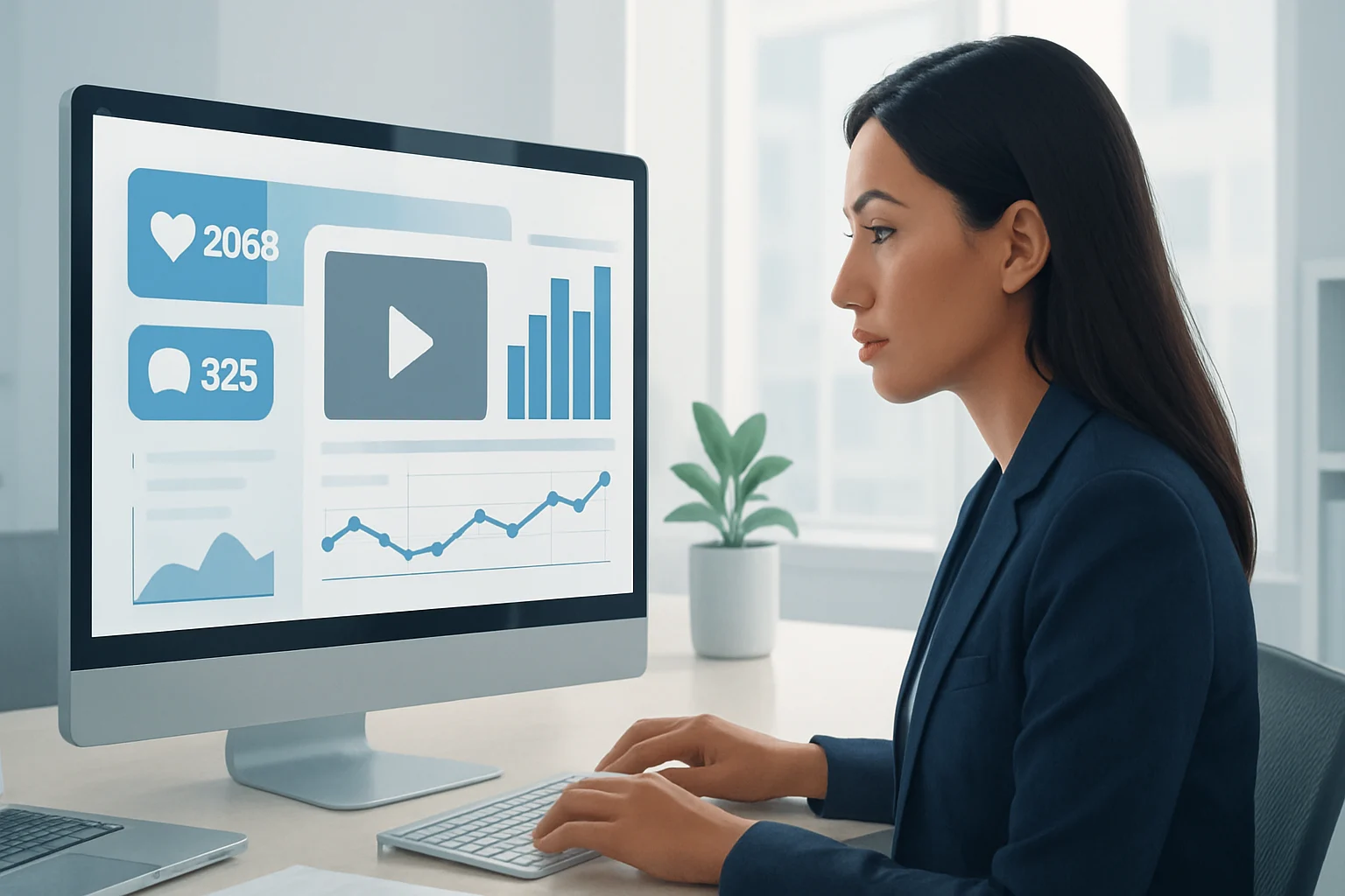 Colorful charts and graphs illustrating key metrics for analyzing social media video performance beyond basic views.