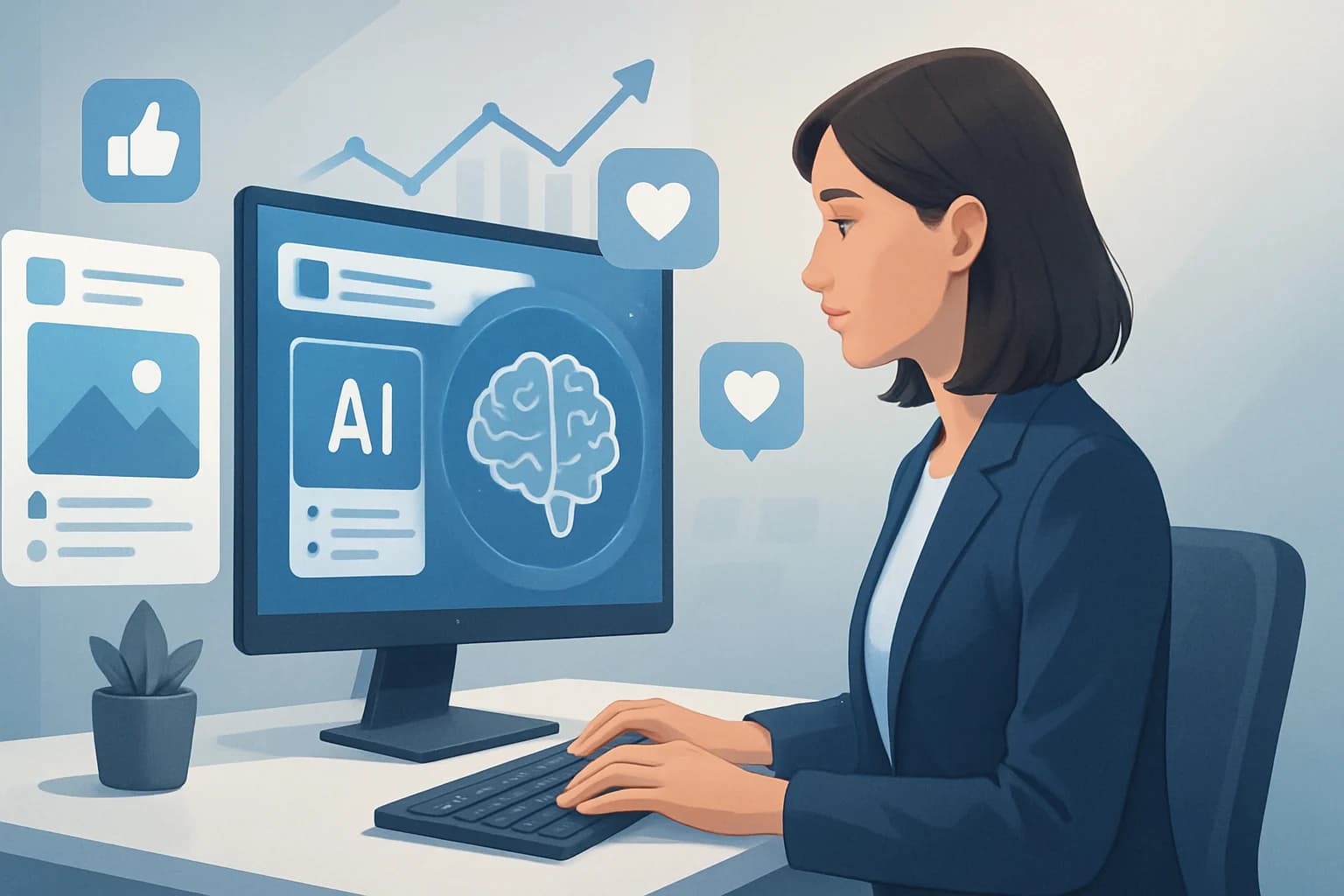 Colorful infographic illustrating strategies for improving social media post visibility through AI content optimization.