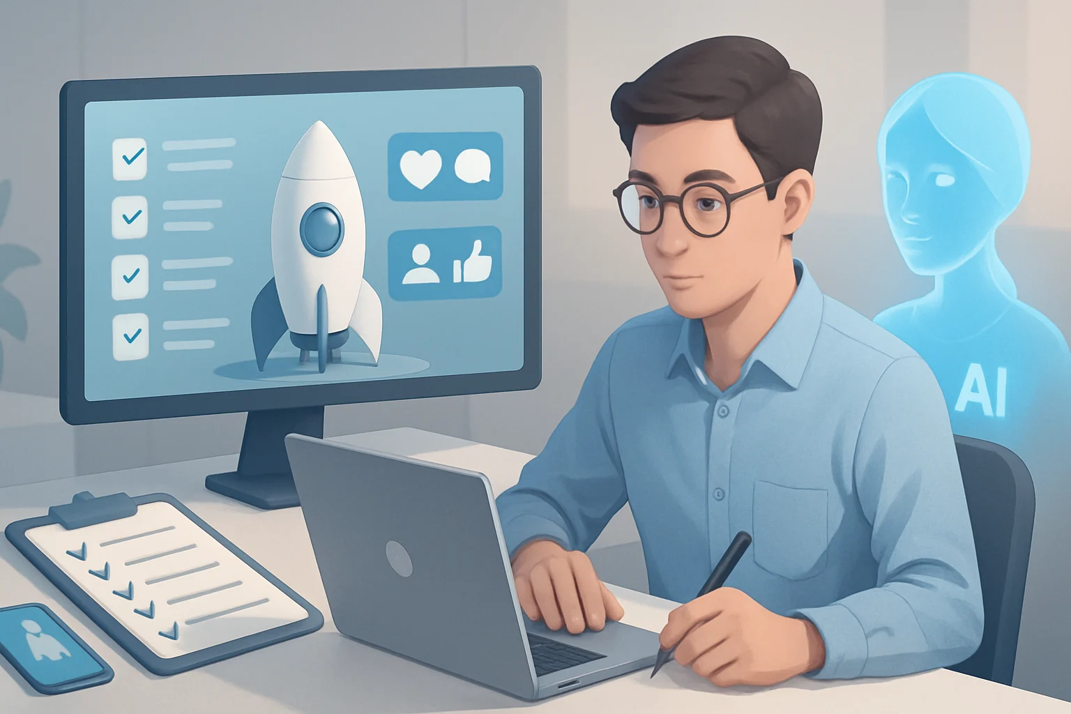 Checklist with AI tools and social media icons for launching a new product effectively.