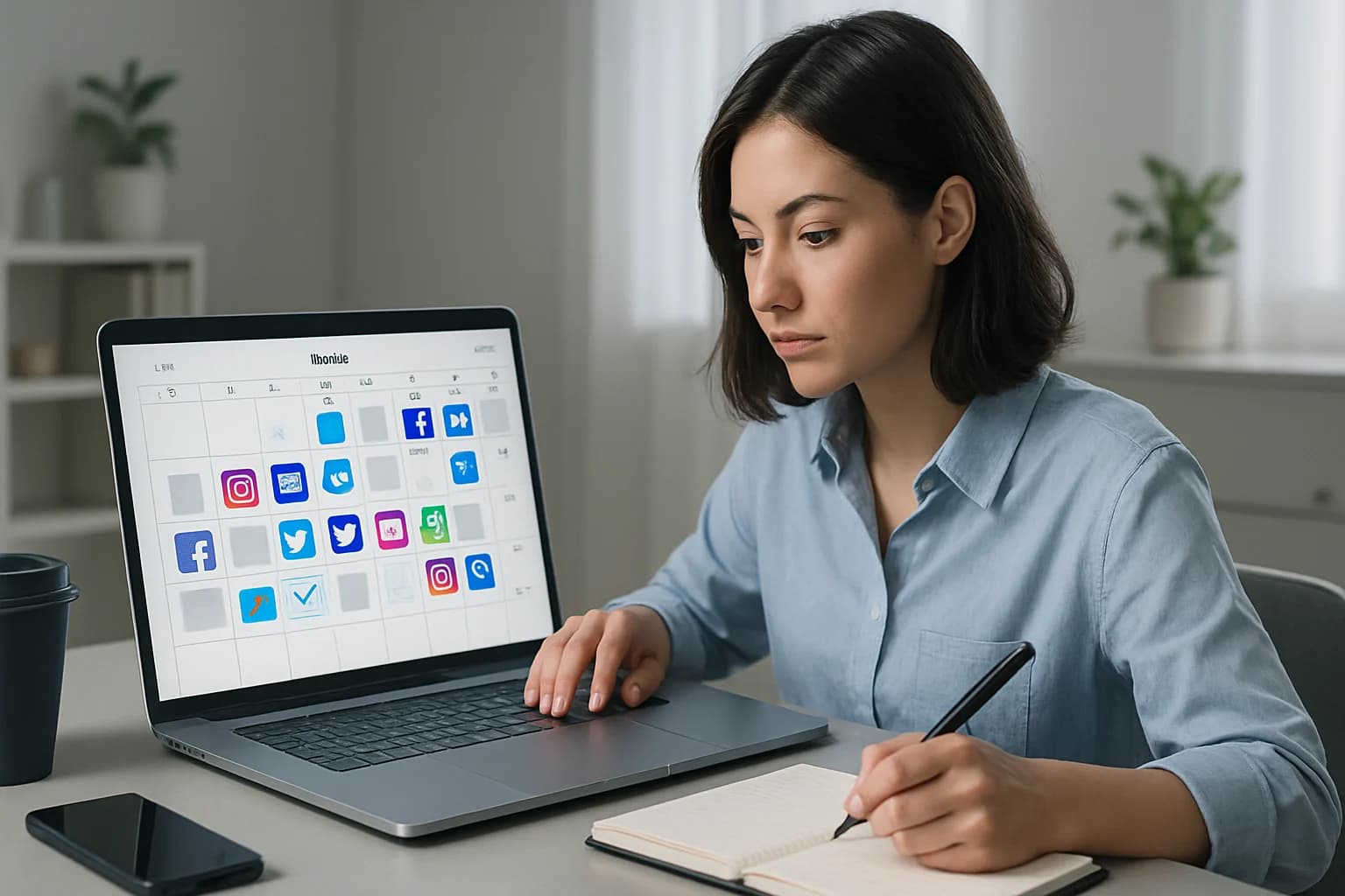 Calendar and checklist illustrating how to batch create social media content for a month.