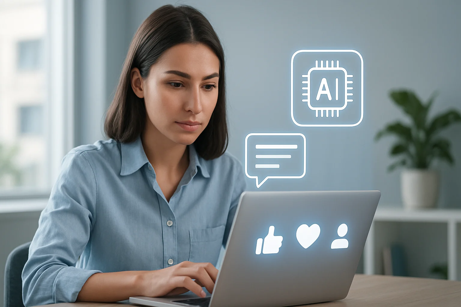 Creative workspace with a laptop showing tips on how to write compelling social media ad copy with AI.