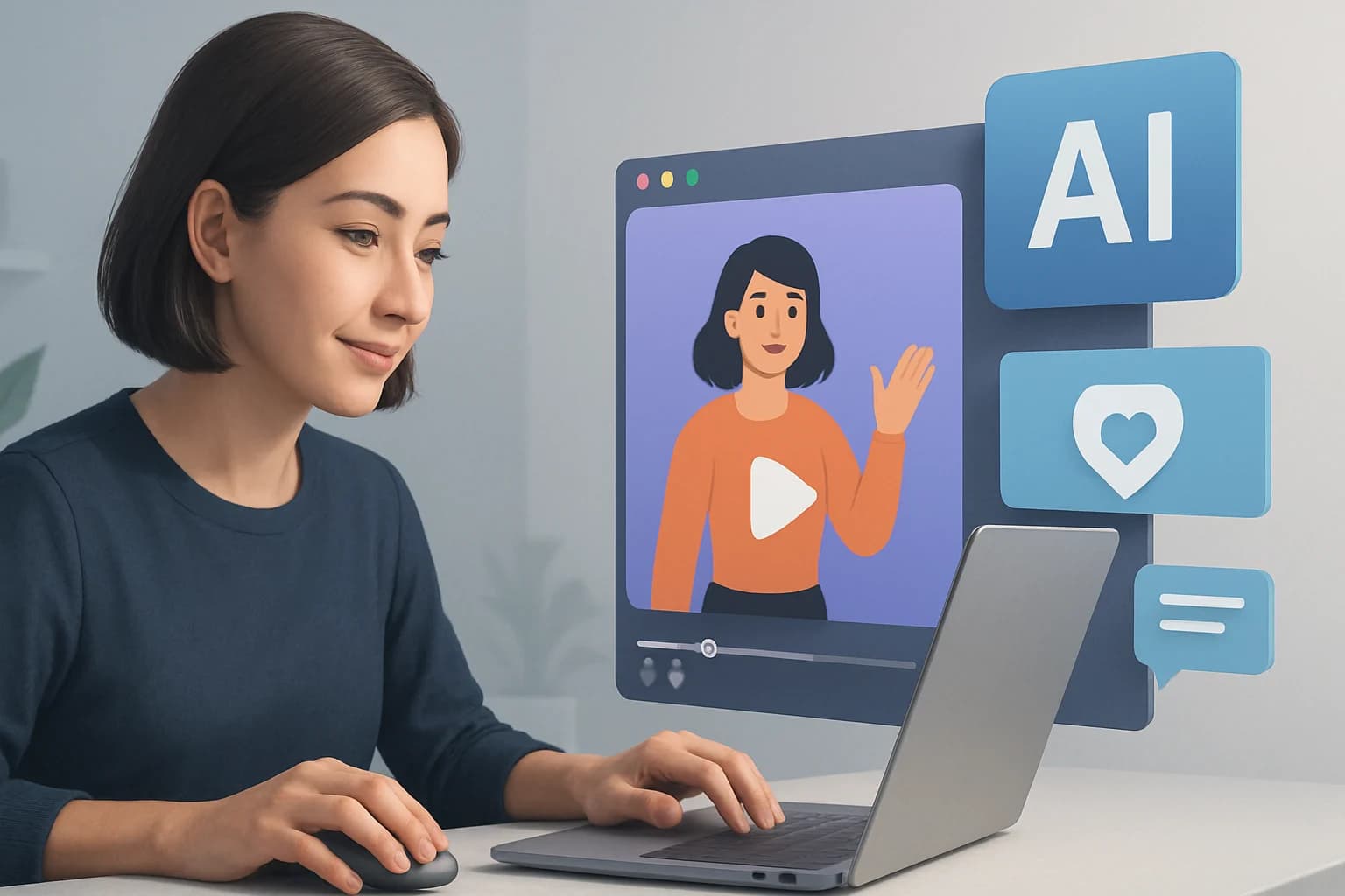 Colorful animated scenes showcasing techniques for creating engaging social media videos with AI.