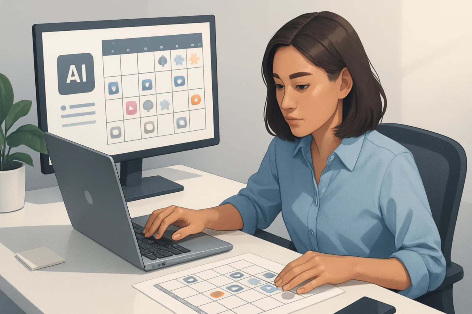 Colorful calendar layout featuring seasonal themes and AI tools for developing a social media content calendar using AI for seasonal campaigns.