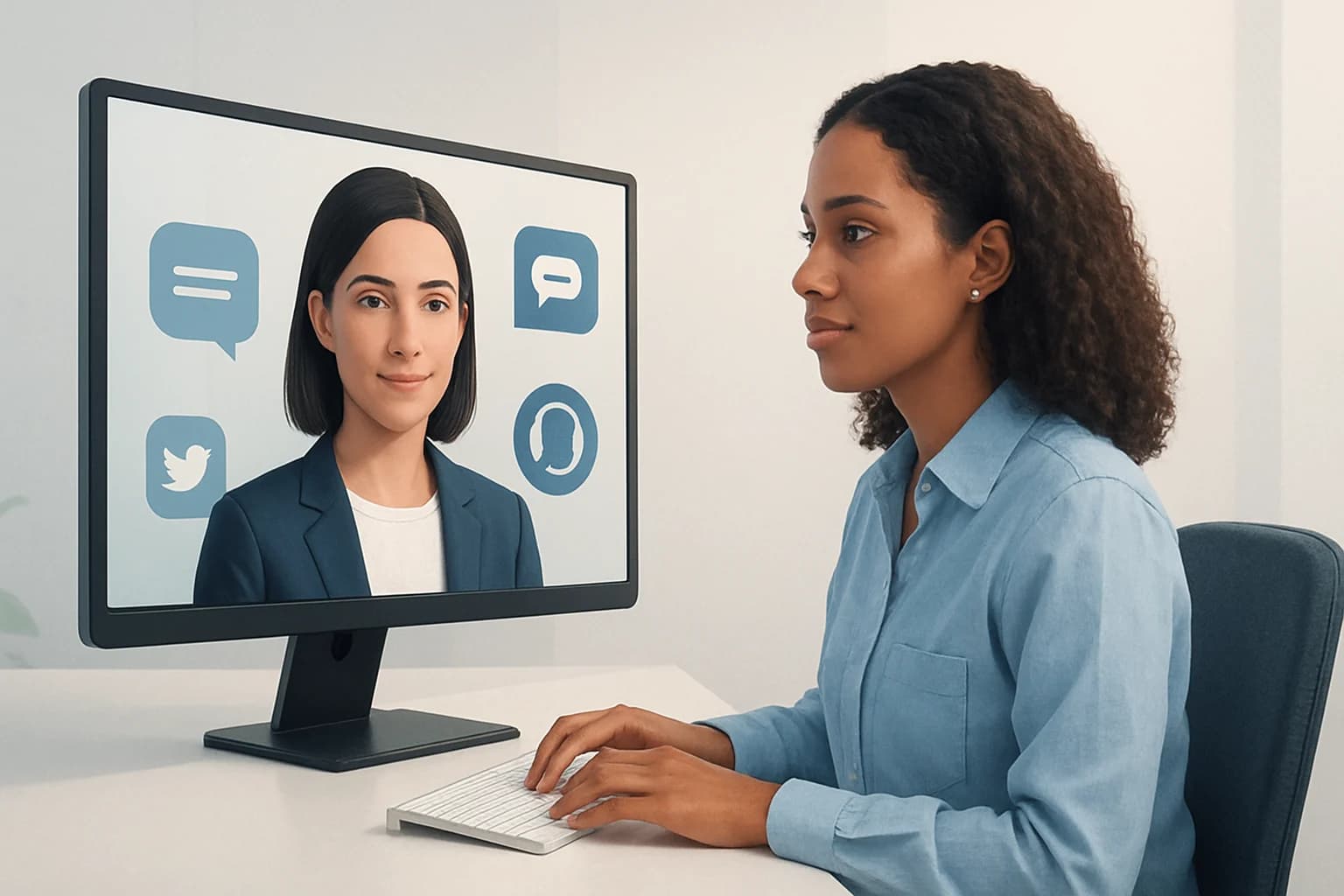 Colorful AI avatars interacting with users on social media platforms for customer service support.