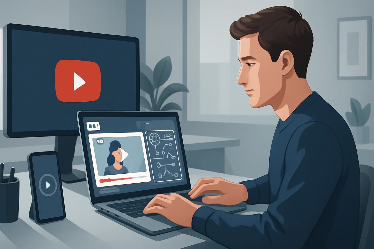 Colorful storyboard sketches illustrating steps for crafting engaging short-form video ads for YouTube with AI.