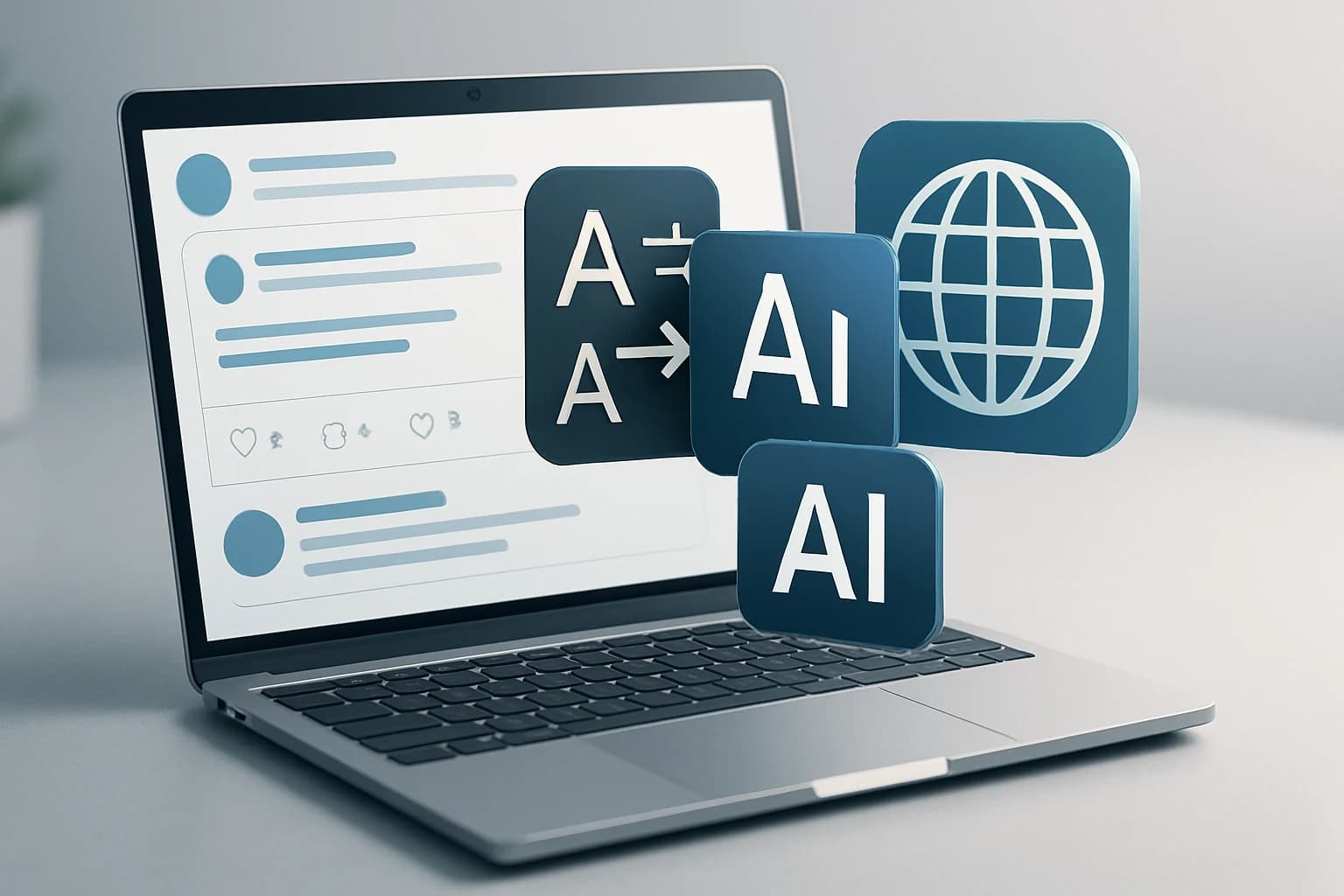 Colorful icons of social media platforms surrounded by AI tools for translating social media content.