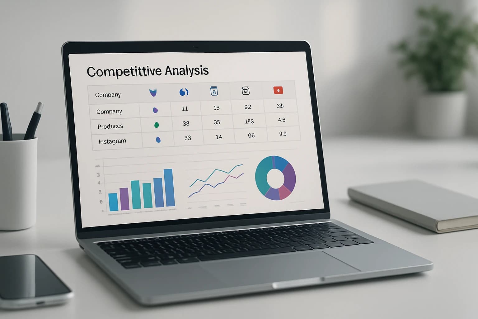 Colorful infographic showcasing a social media competitive analysis template with key metrics and insights.