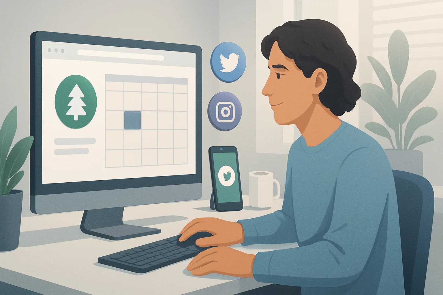 Calendar planner with social media icons illustrating scheduling evergreen social media content for long-term engagement.