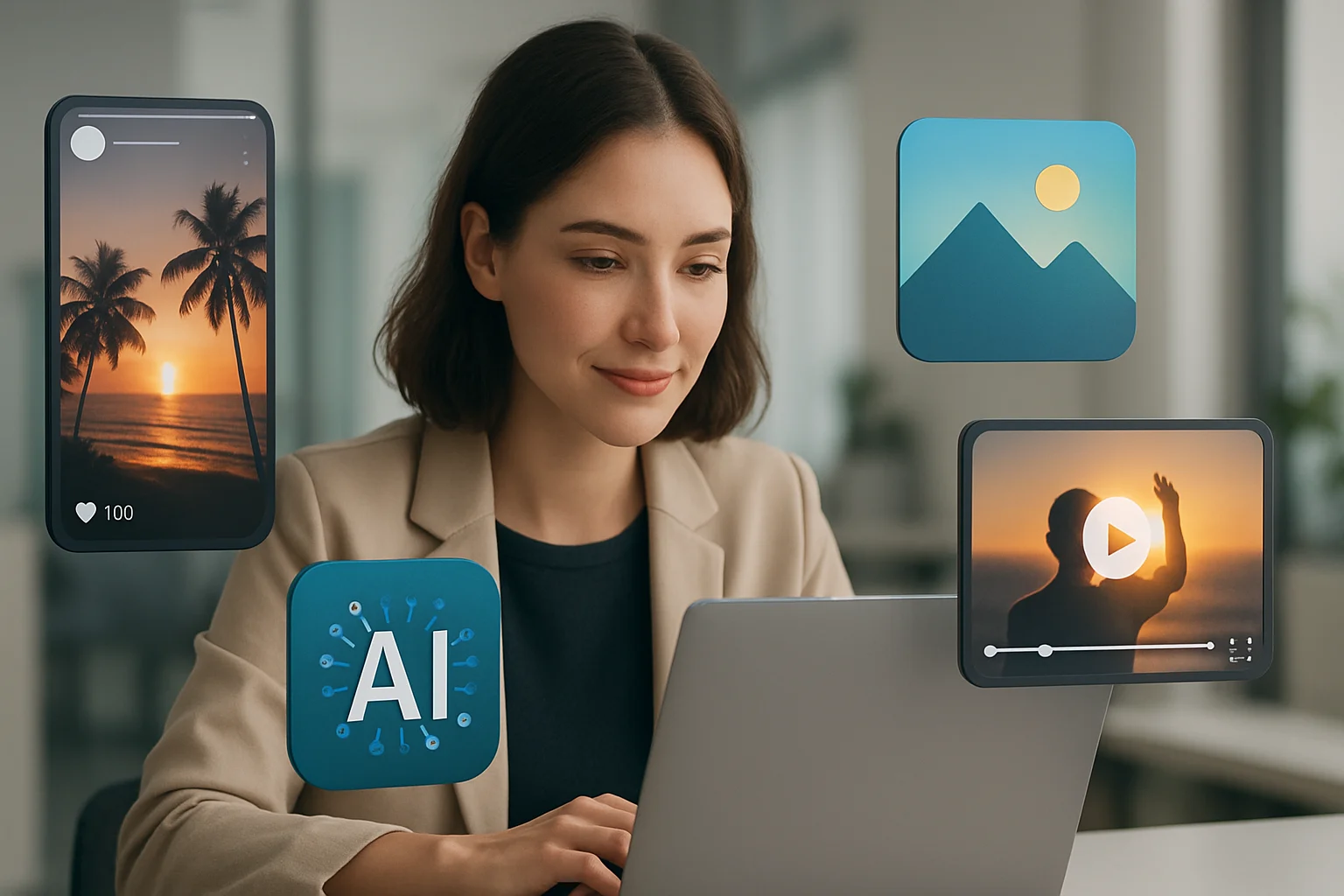 Colorful collage of social media stories created using AI image and video generators.