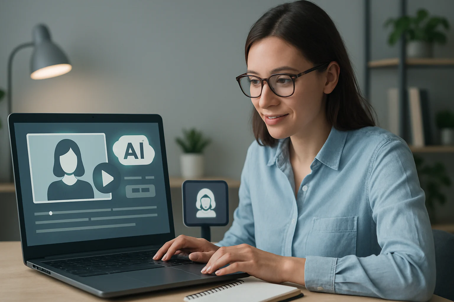 Creative workspace featuring a laptop, video editing software, and AI tools for how to create educational social media video series with AI.