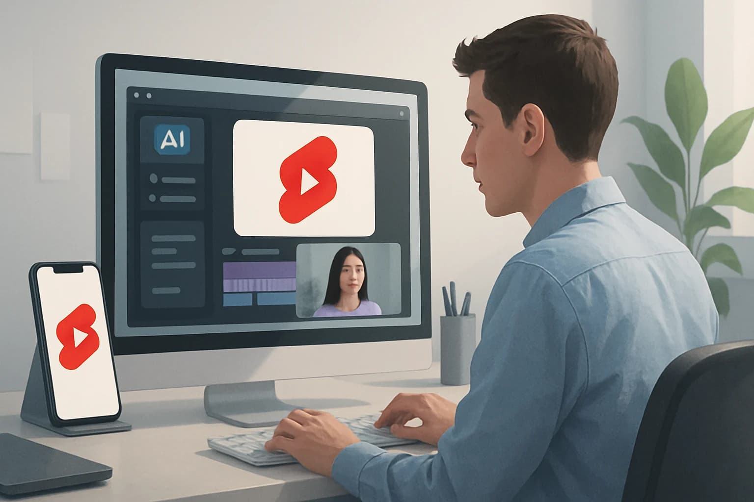 Creative workspace with a computer screen showcasing AI tools for producing high-quality YouTube Shorts.