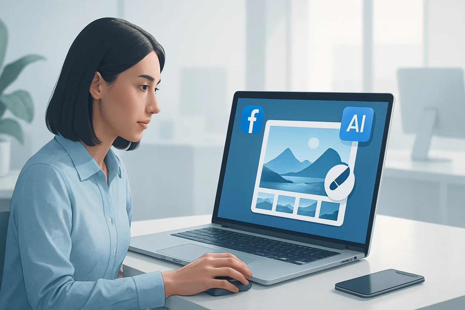 Creative workspace featuring AI tools for streamlining Facebook content creation with AI-powered image editing.