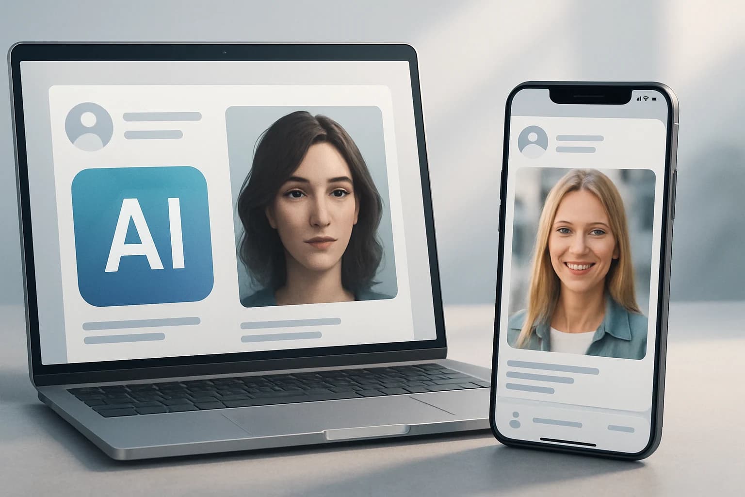 Comparison of AI generated content vs stock photography for social media on a digital screen.