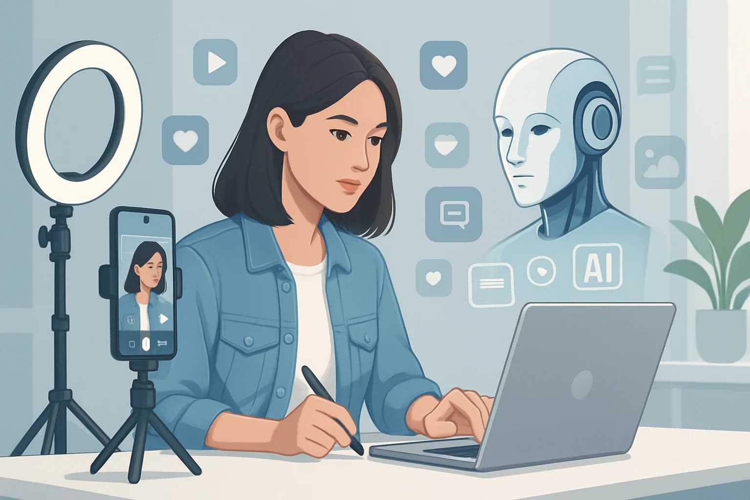 Futuristic workspace with AI tools enhancing the future of social media content creation with AI technology.