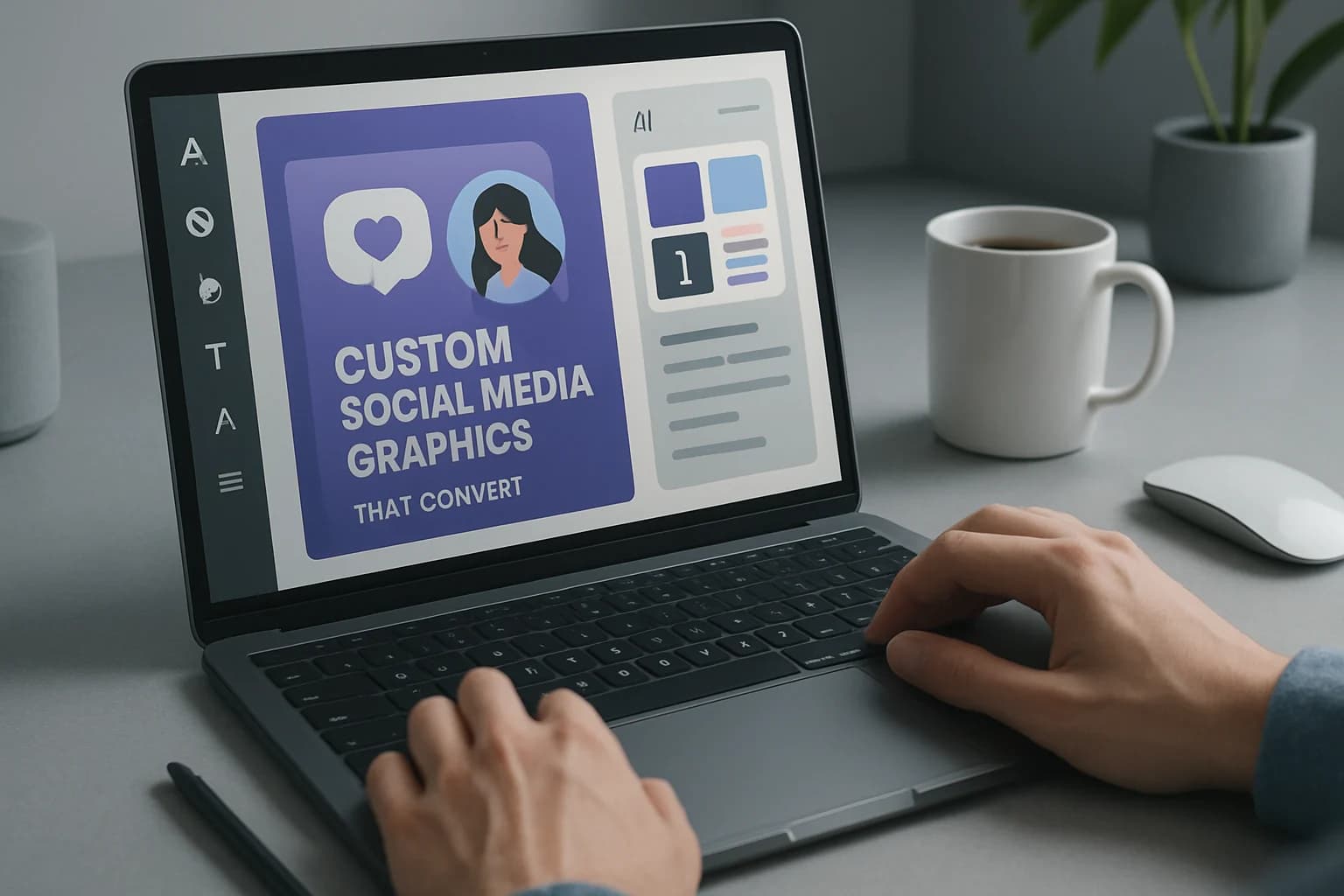 Creative workspace featuring a designer crafting custom social media graphics that convert using AI tools.
