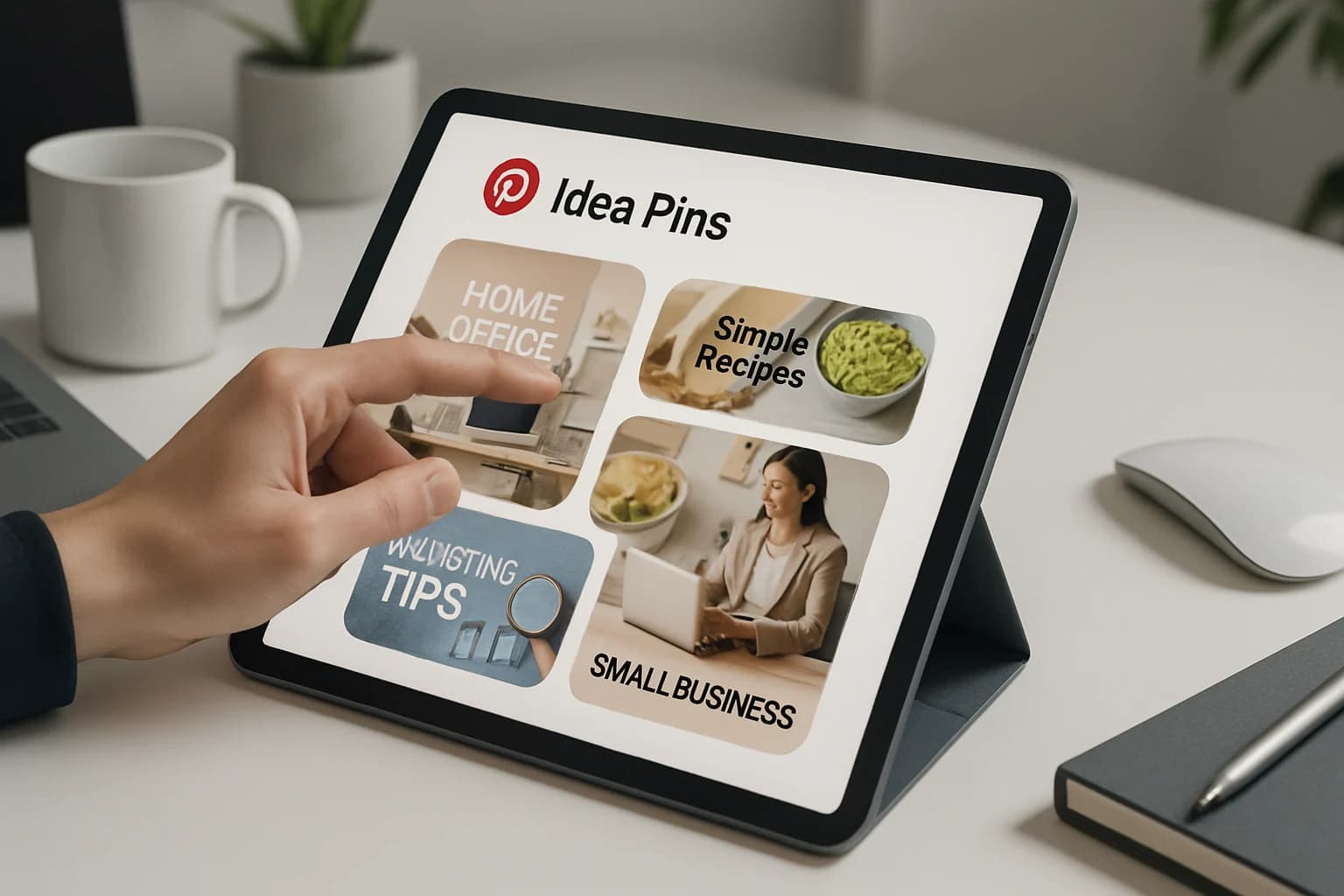 Colorful Pinterest Idea Pins showcased on a digital tablet, illustrating how to use Pinterest Idea Pins for business.