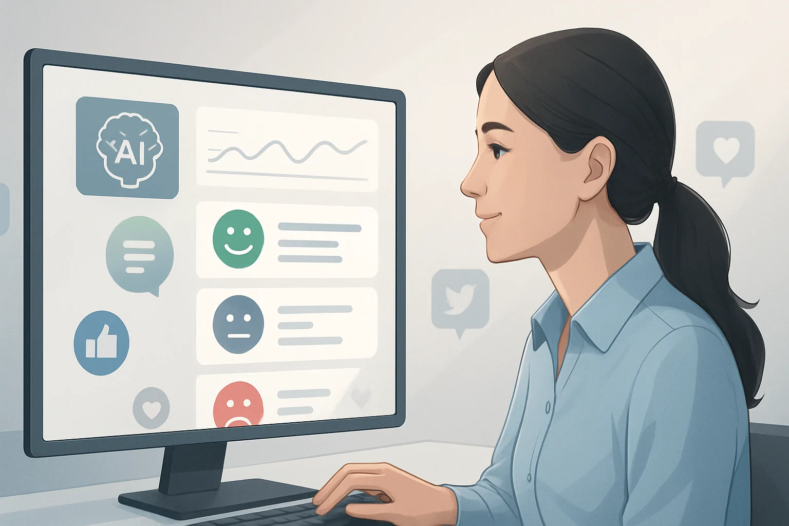 Colorful infographic illustrating AI-powered sentiment analysis for social media listening trends and insights.