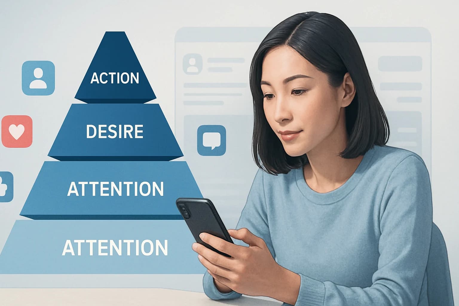 Colorful infographic outlining the AIDA model for social media marketing examples and strategies.