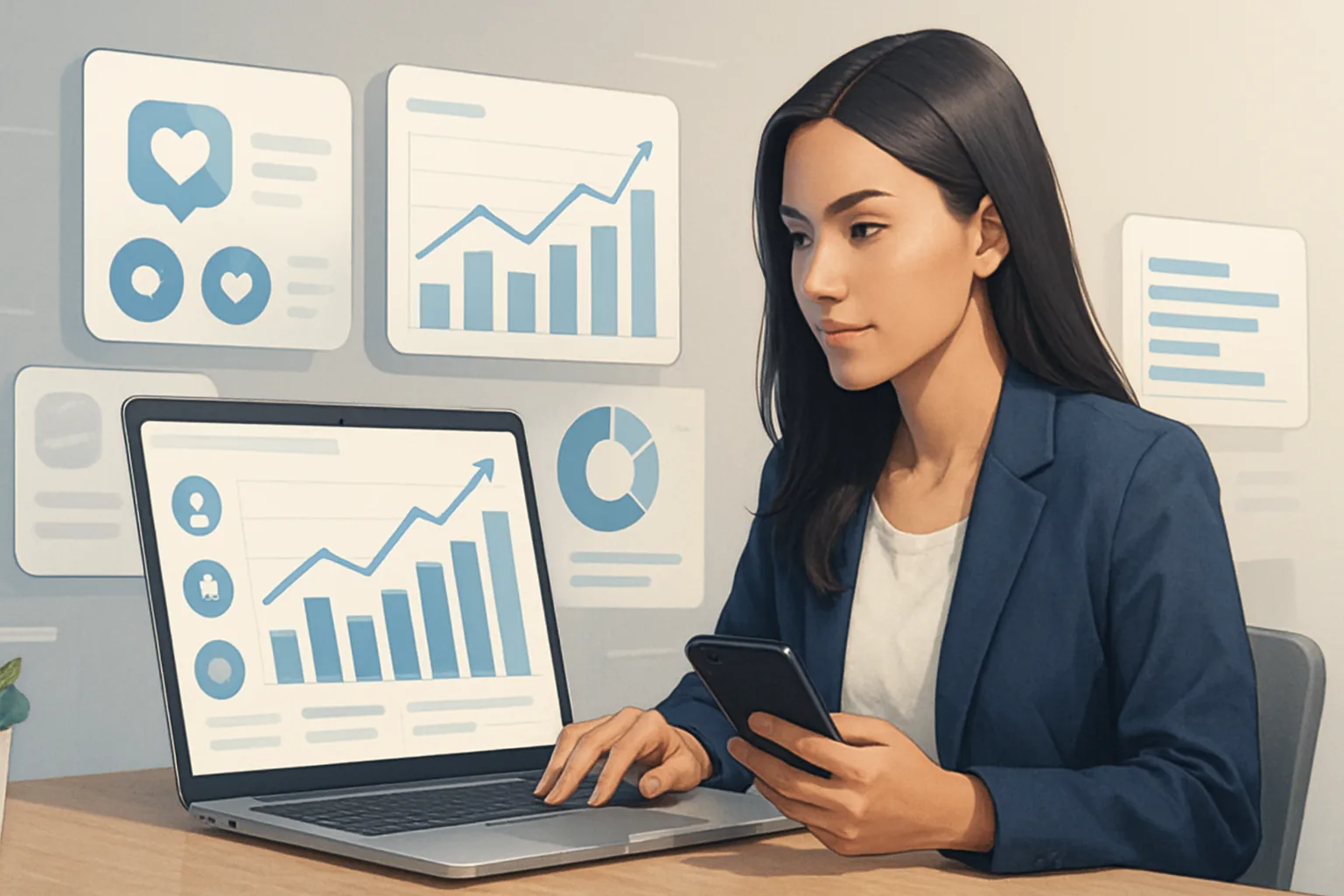 Colorful charts and graphs illustrating using social media analytics to refine content strategy insights.