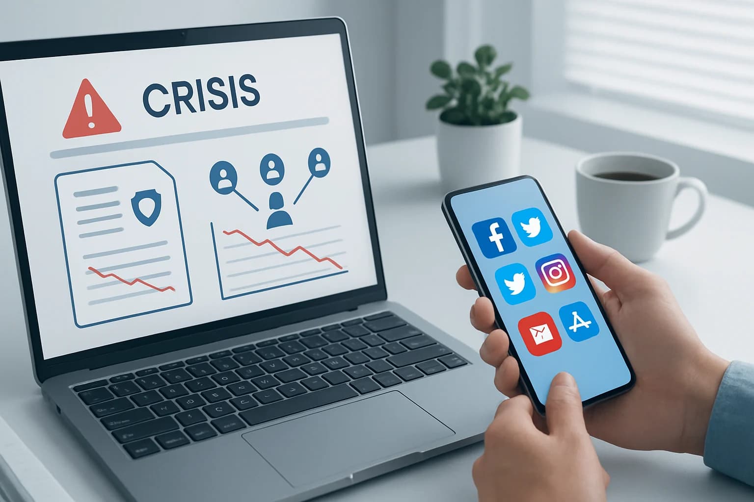 Colorful flowchart outlining steps in a social media crisis management plan example.