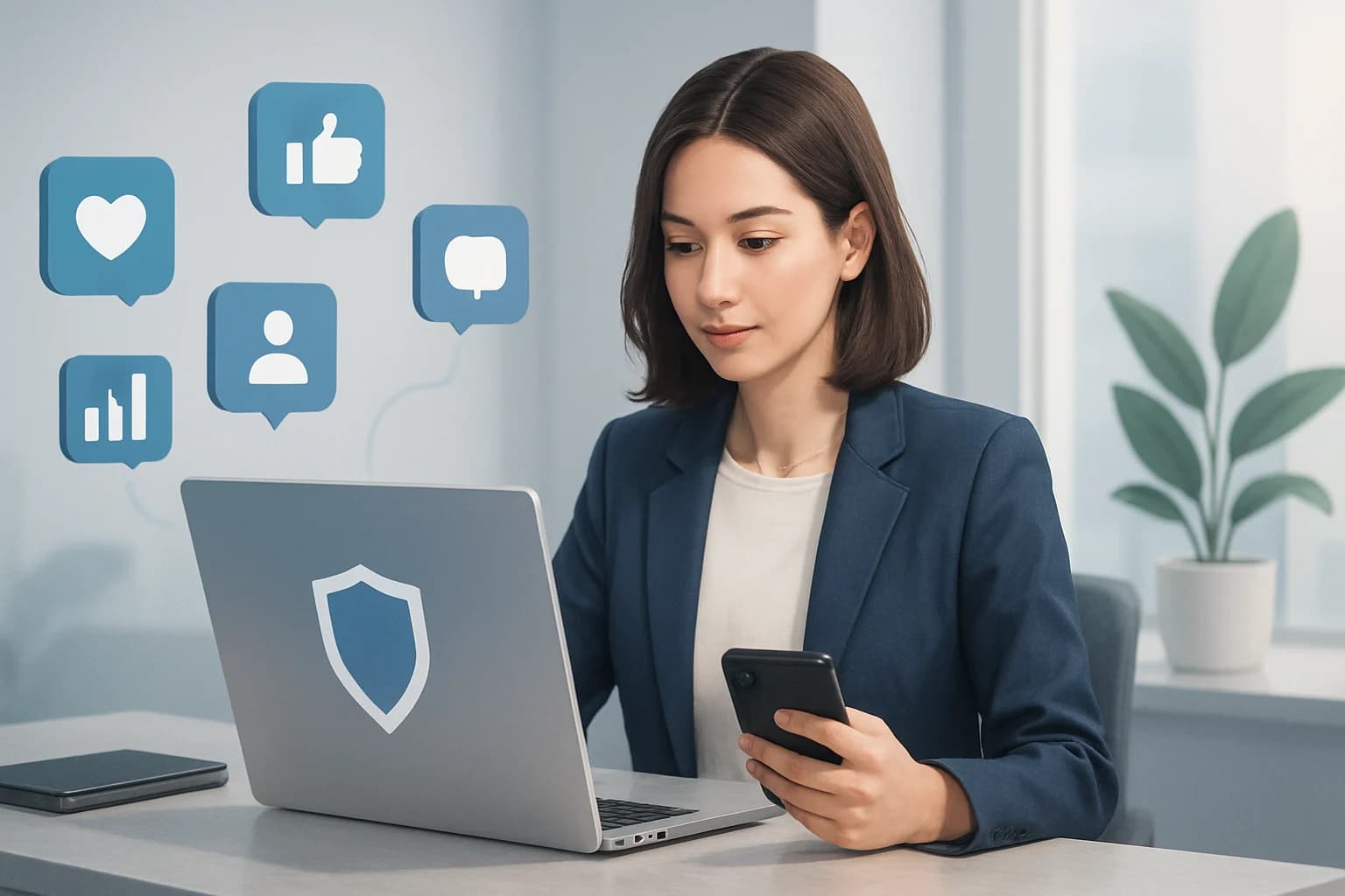 Colorful social media icons arranged around a laptop, illustrating how to create a strong brand presence on social media.