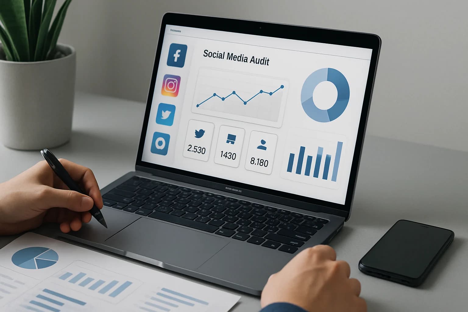 Colorful infographic outlining steps on how to conduct a social media audit for your brand.