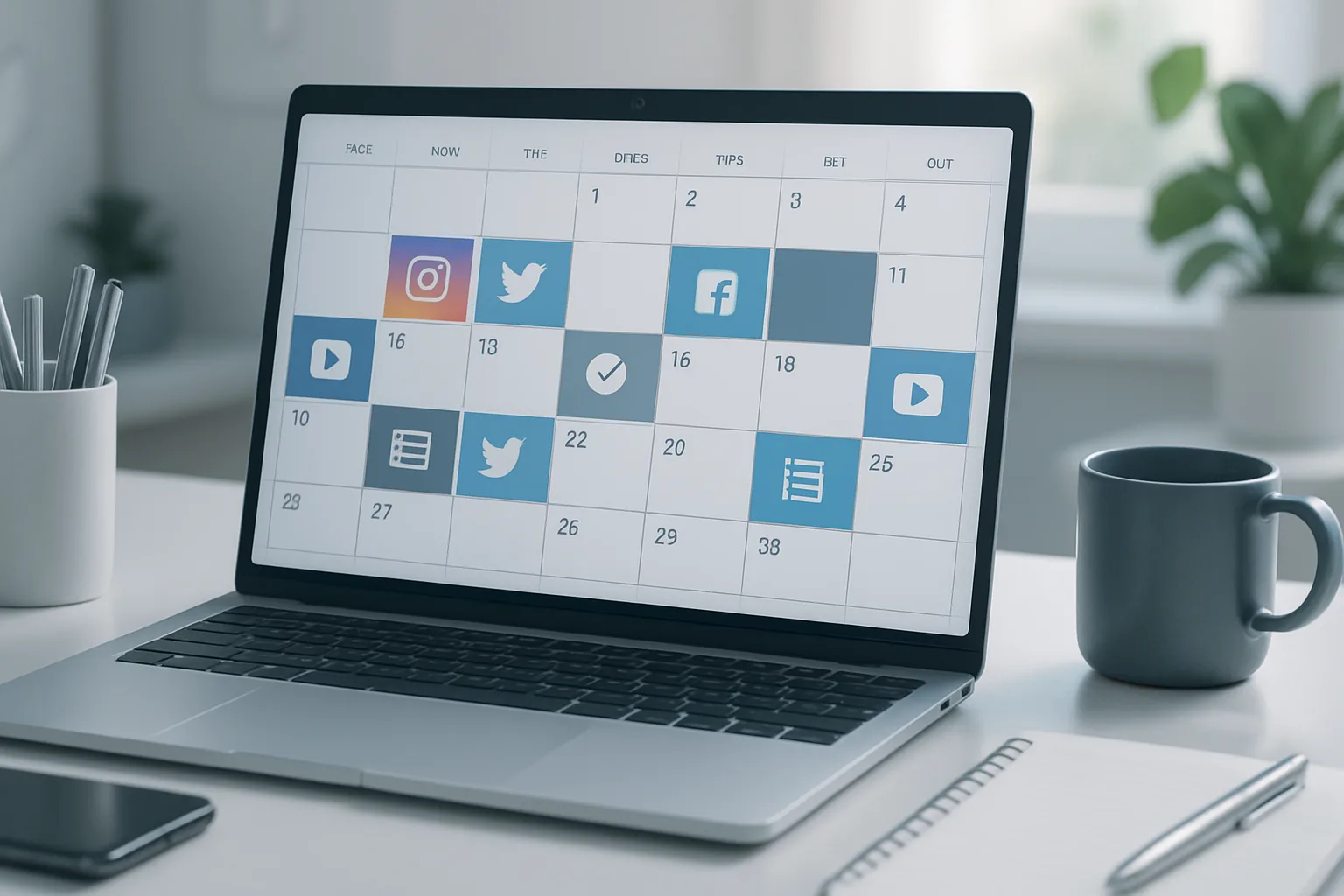 Colorful planner and digital tools illustrating how to create a successful content calendar for social media.