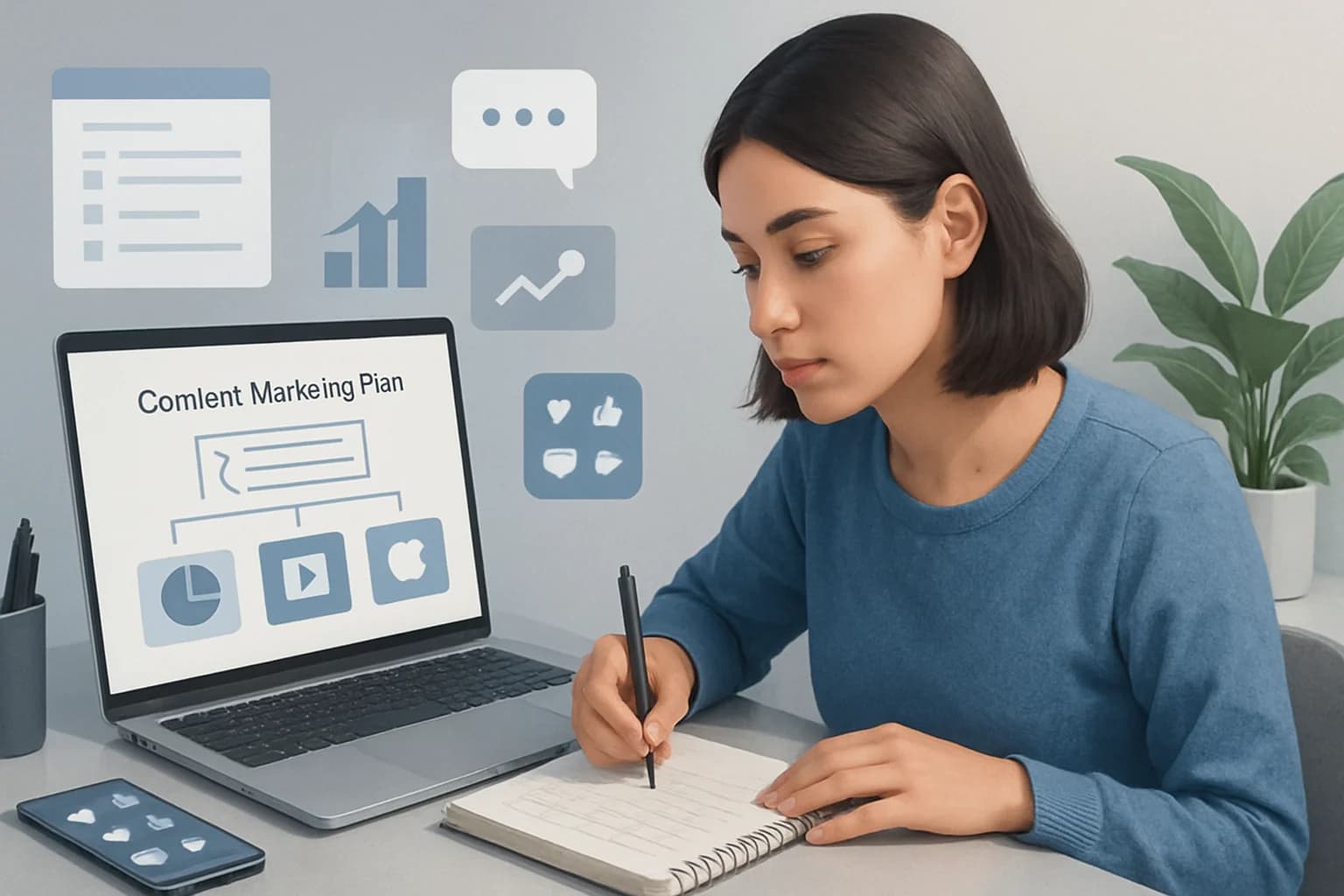 Colorful mind map illustrating steps on how to create a content marketing plan for social media.