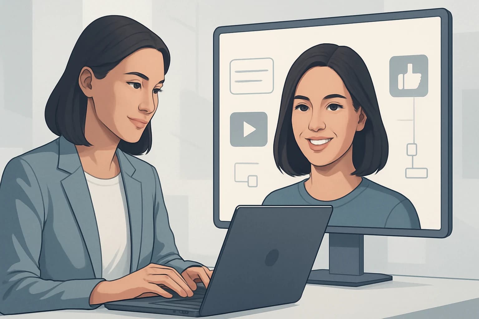 Colorful AI avatars engaging in creative content brainstorming around a digital workspace.