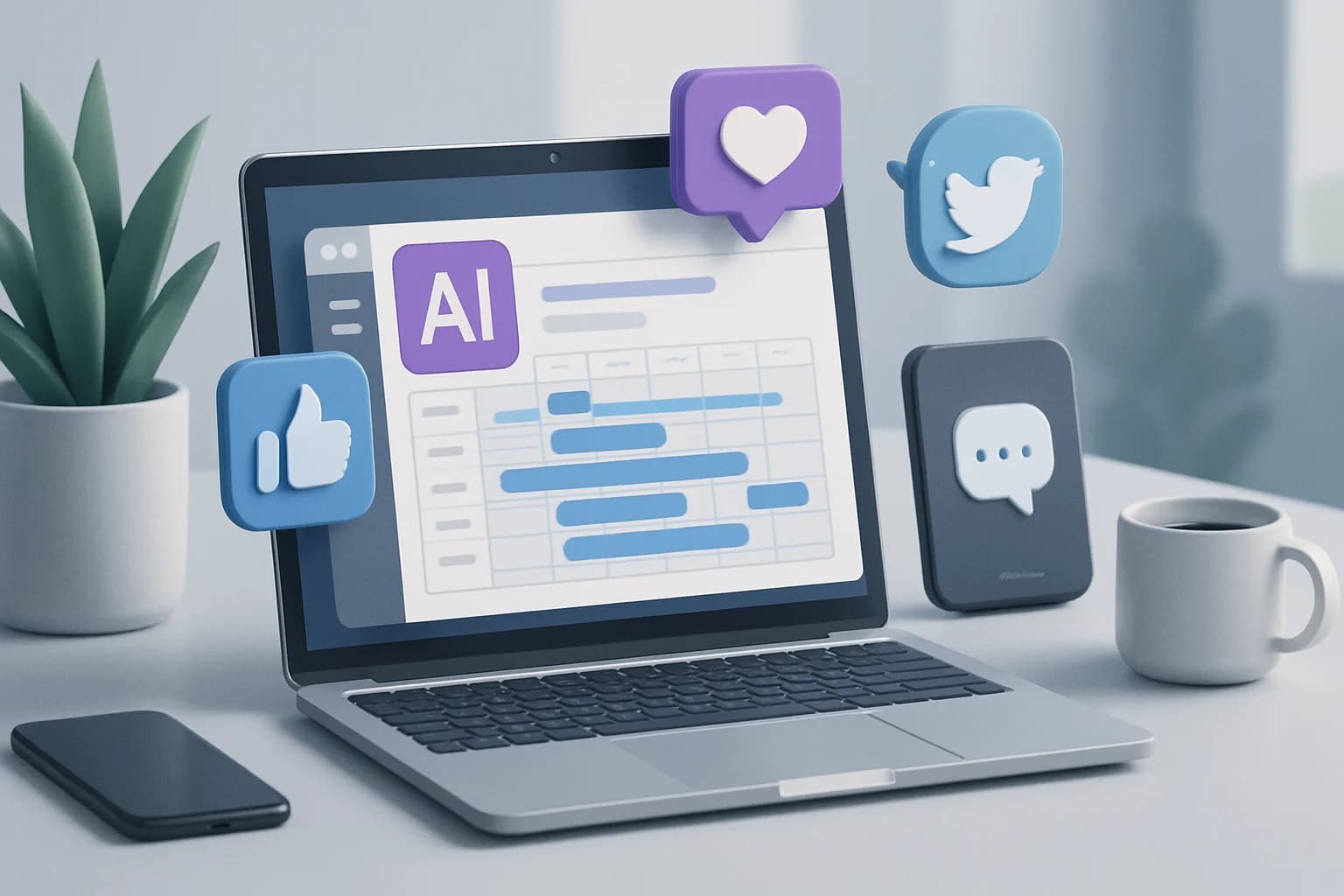 Colorful graphic featuring top AI tools for social media content scheduling with icons and timelines.