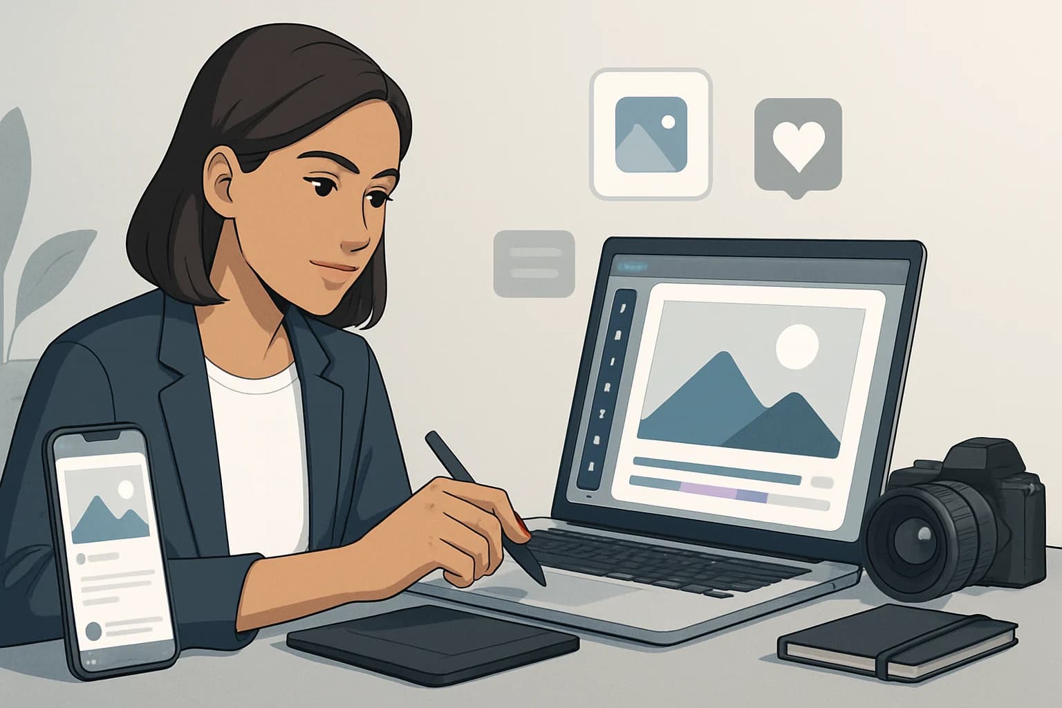 Colorful design tools and software interface illustrating how to create high-quality images for social media.