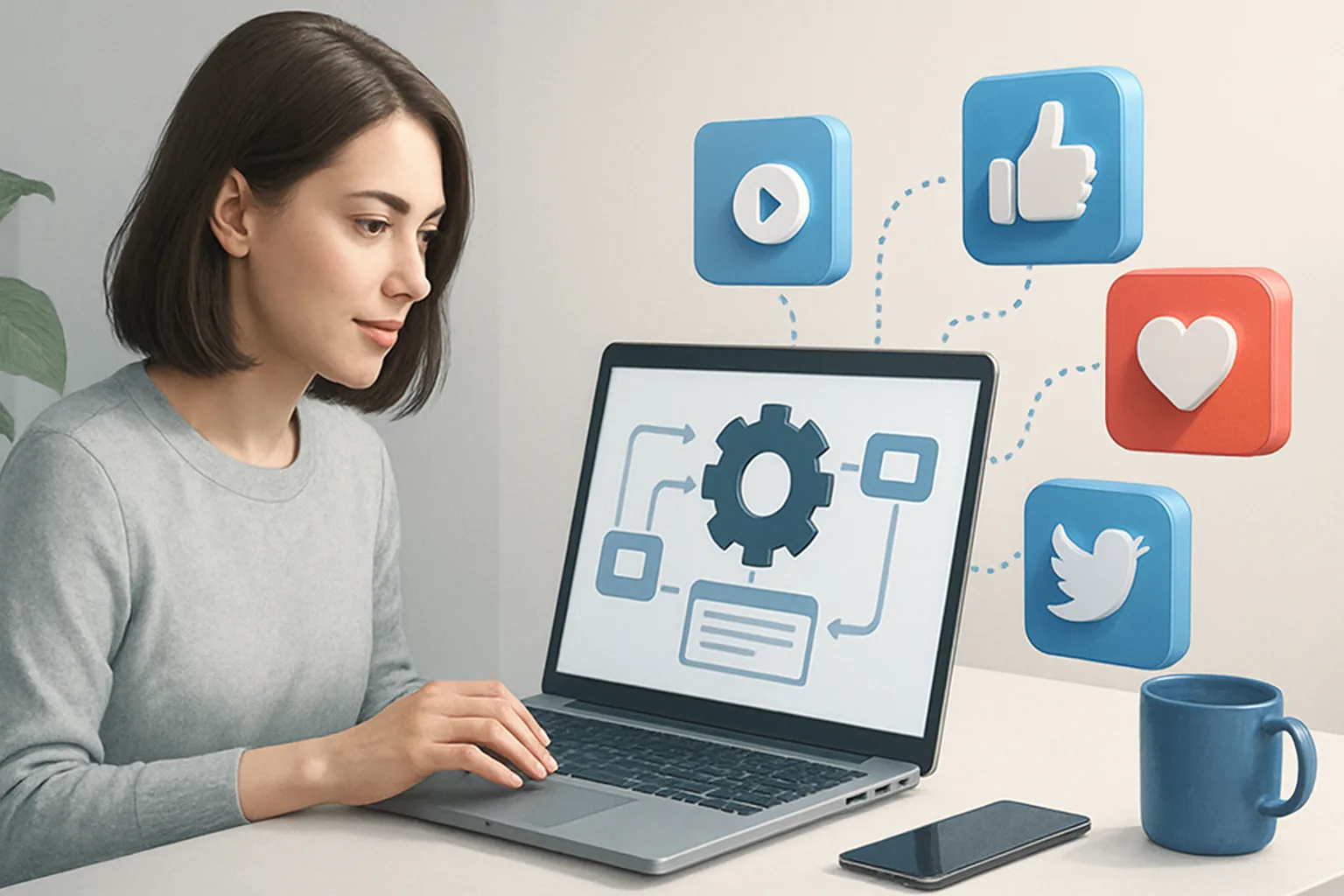 Colorful workflow chart illustrating steps on how to automate social media content creation.