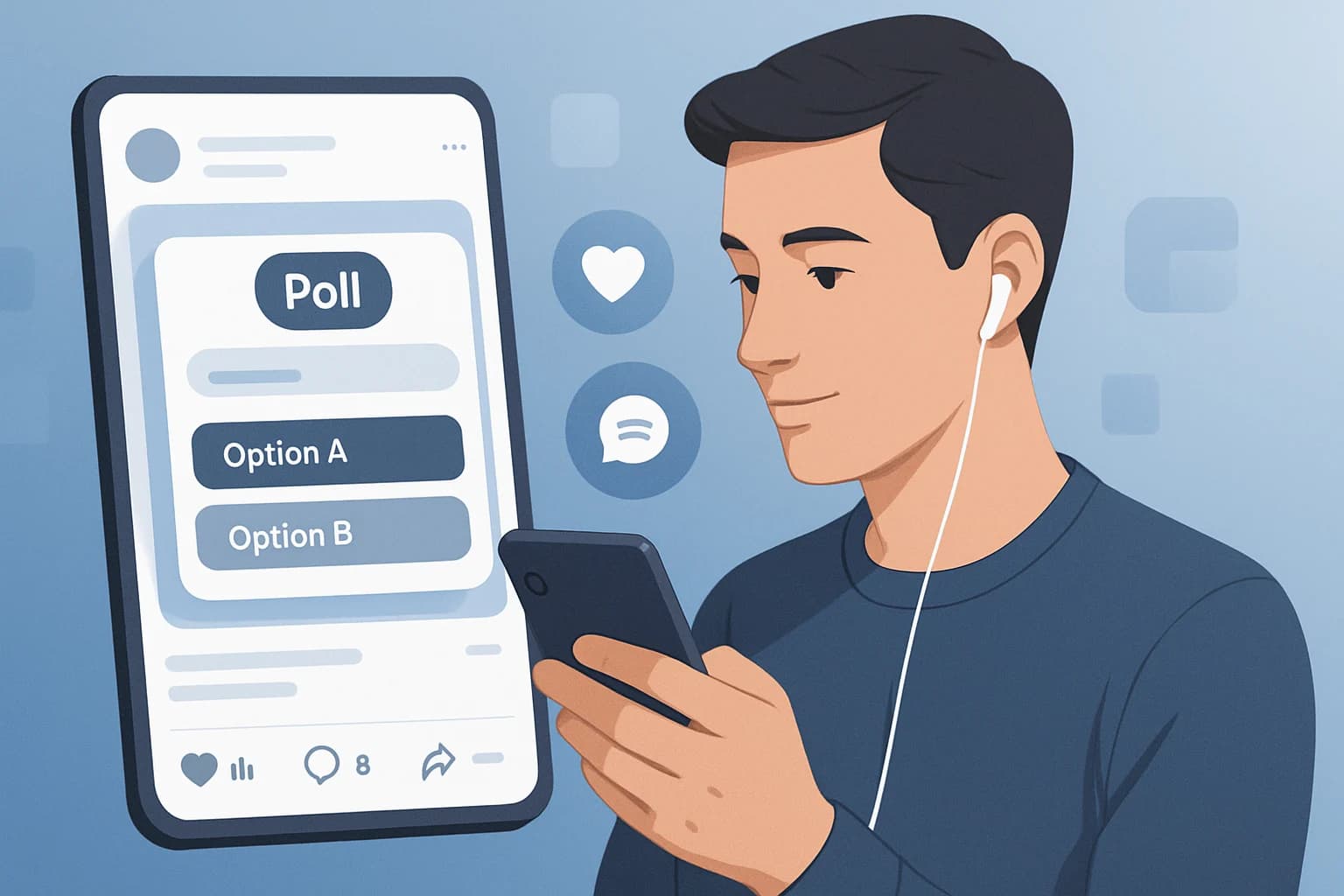 Colorful infographic illustrating how to enhance audience interaction through polls on social media.
