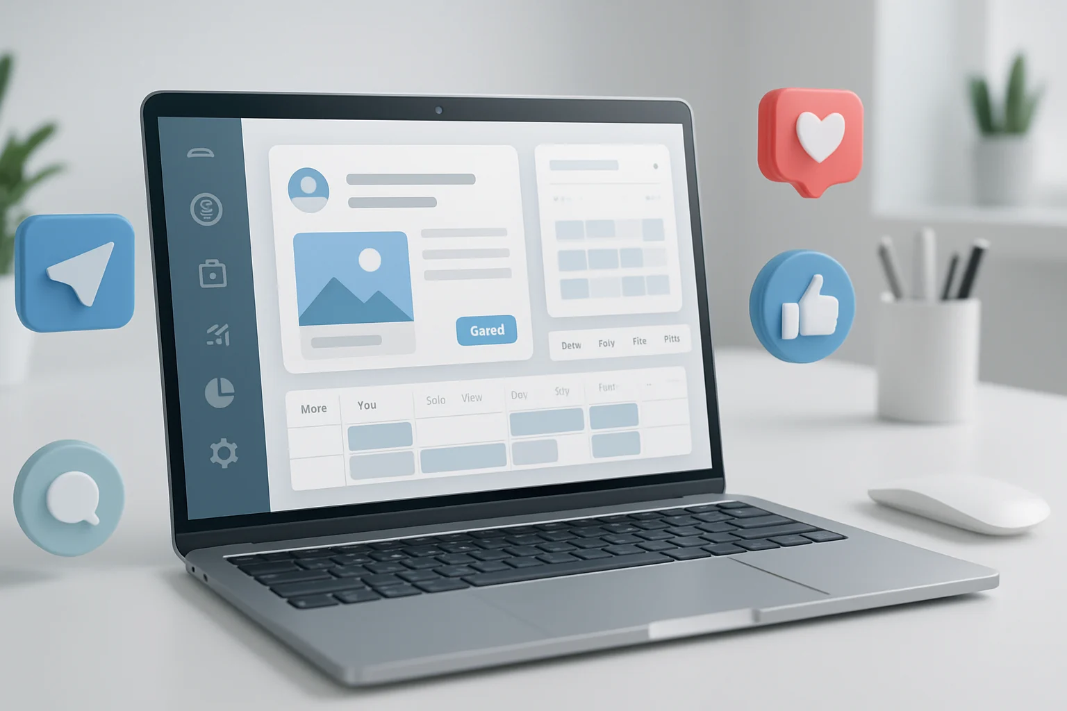 Colorful icons representing various social media platforms alongside a calendar for scheduling tools.
