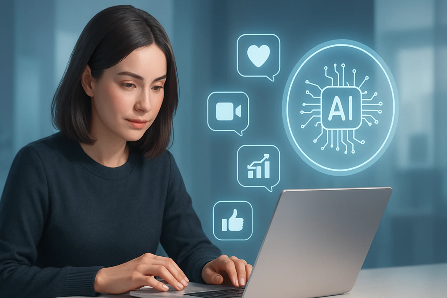 Creative workspace with a laptop displaying AI tools for social media content generation strategies.