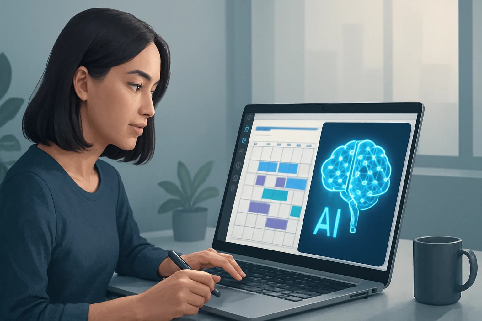 Calendar with AI algorithms visualized, illustrating how to leverage AI for content scheduling.