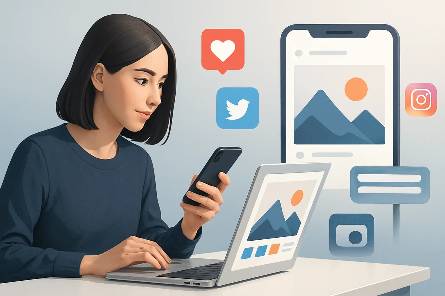 Colorful design tools and social media icons illustrating how to create stunning visuals for social media.