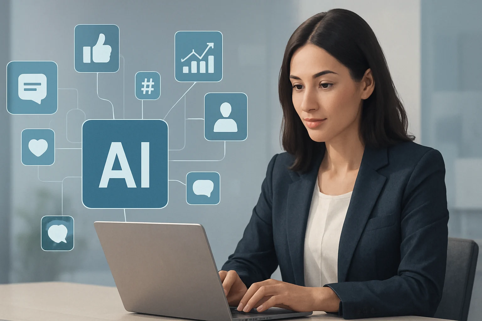 Colorful infographic illustrating the role of AI in social media marketing strategies and analytics.