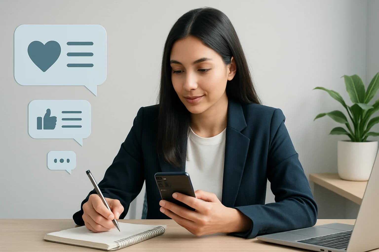 Notebook and pen beside a laptop with social media captions brainstorming notes on screen, illustrating how to craft compelling social media captions.