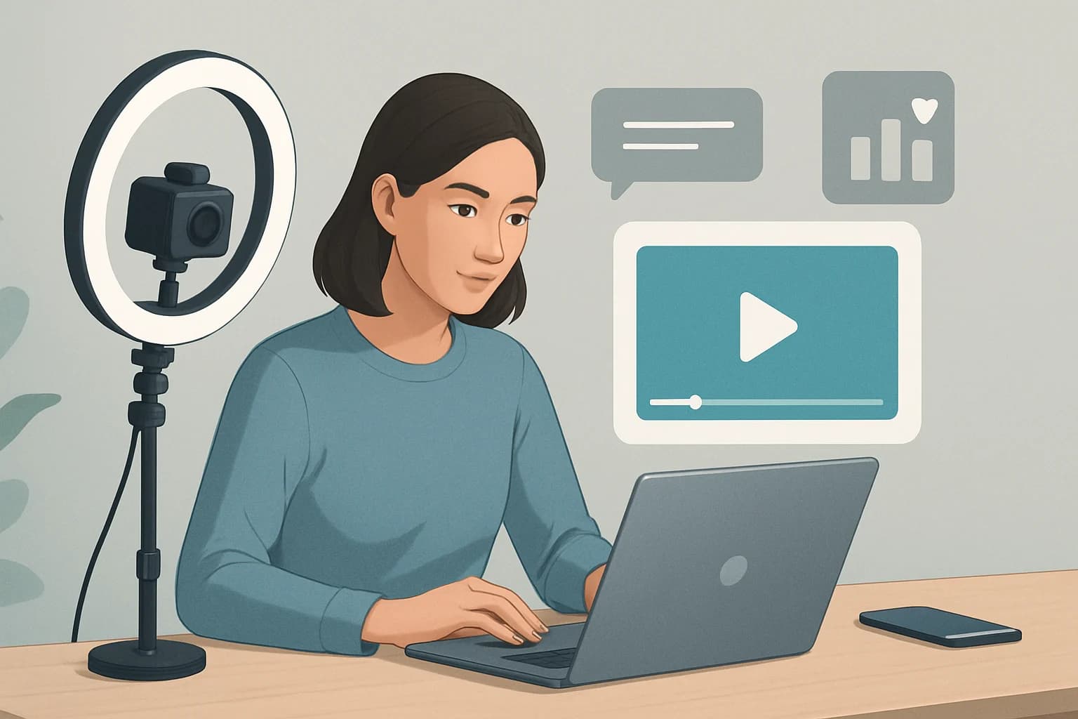 Creative workspace with a laptop and smartphone, illustrating how to create impactful social media videos.