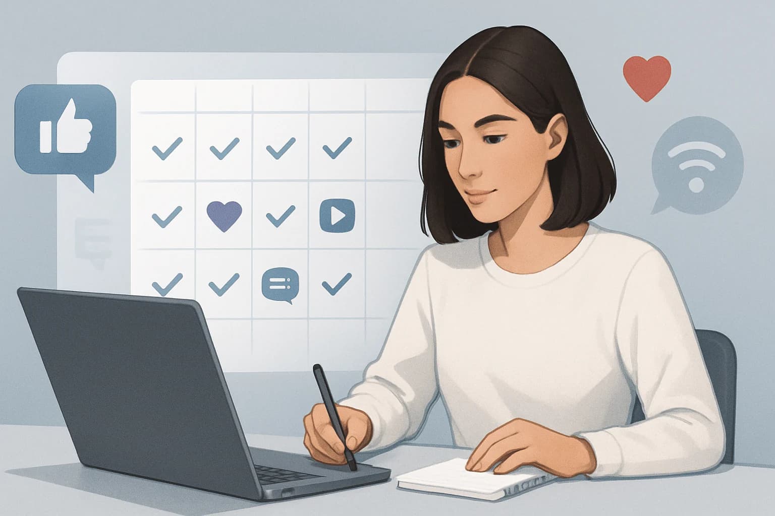 Colorful calendar with social media icons and notes on how to plan engaging social media posts.