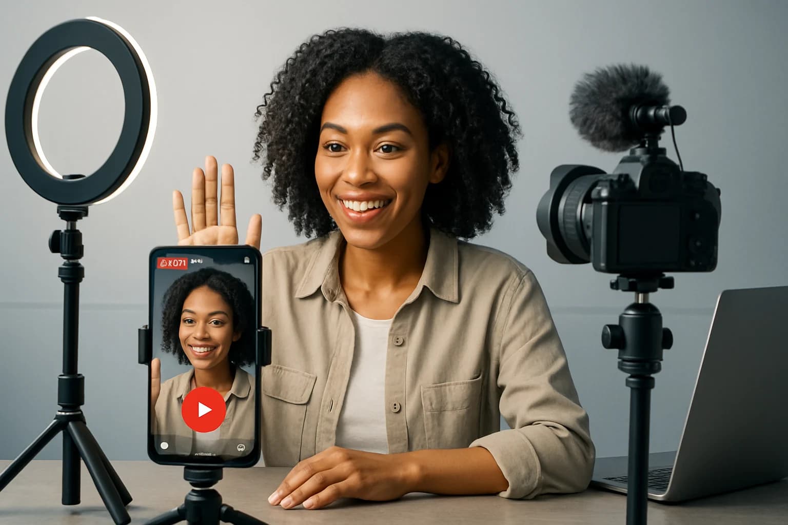Live video stream on a smartphone with social media icons, showcasing engagement strategies.