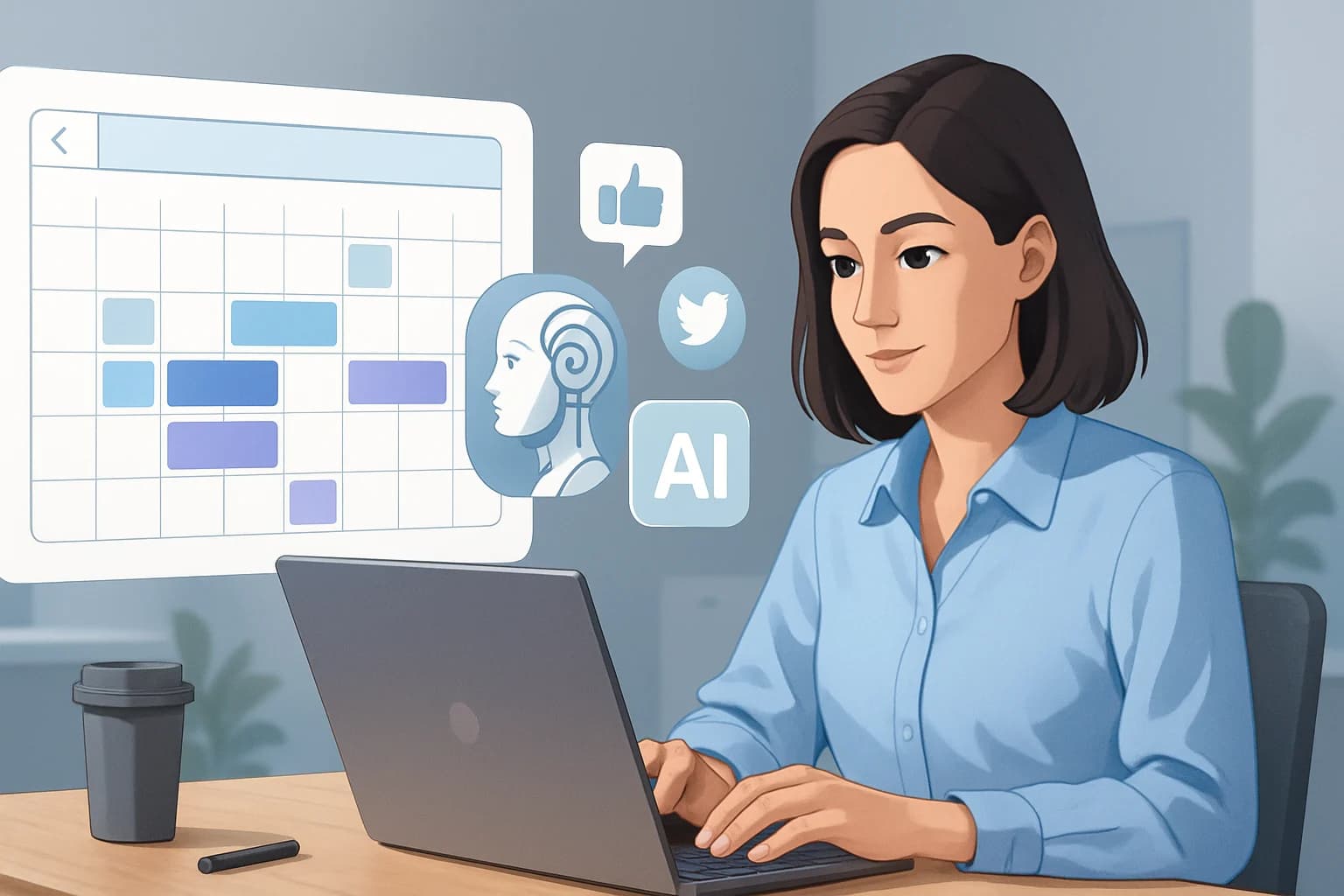 Colorful planner with digital tools illustrating creating a social media content calendar with AI.