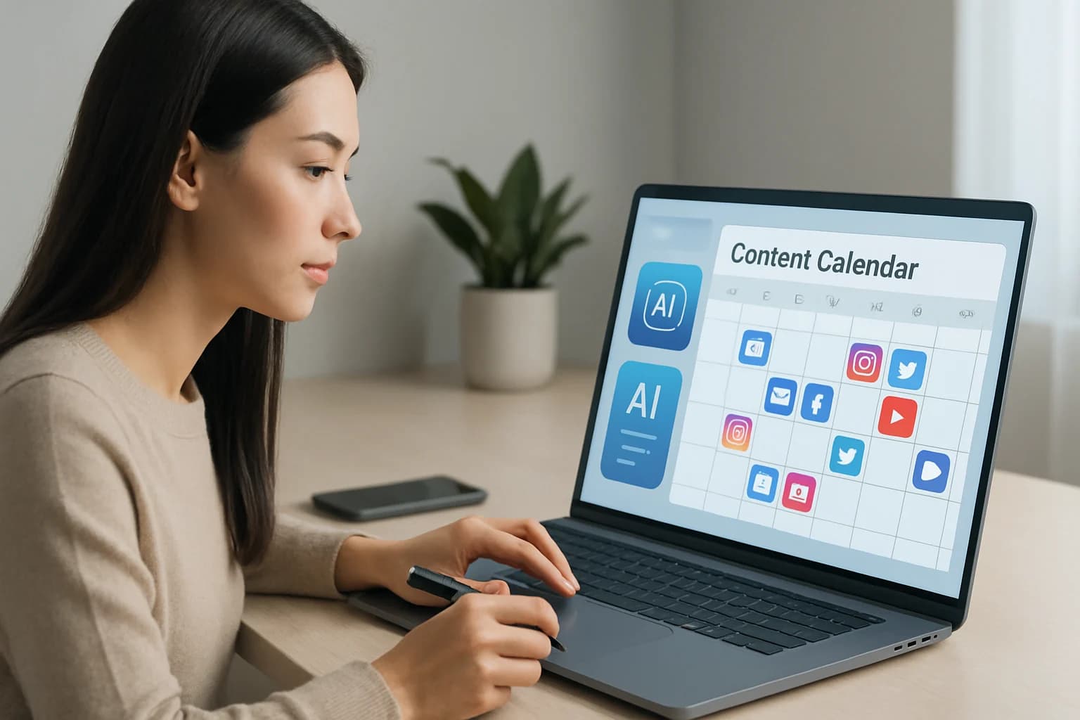 Colorful calendar layout with AI tools, illustrating planning a social media content calendar with AI.