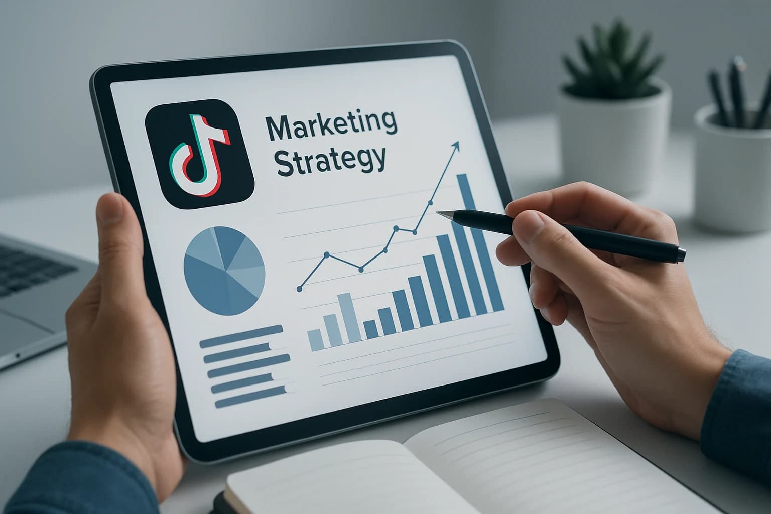 Colorful TikTok interface with marketing strategy elements like analytics and audience engagement tips.