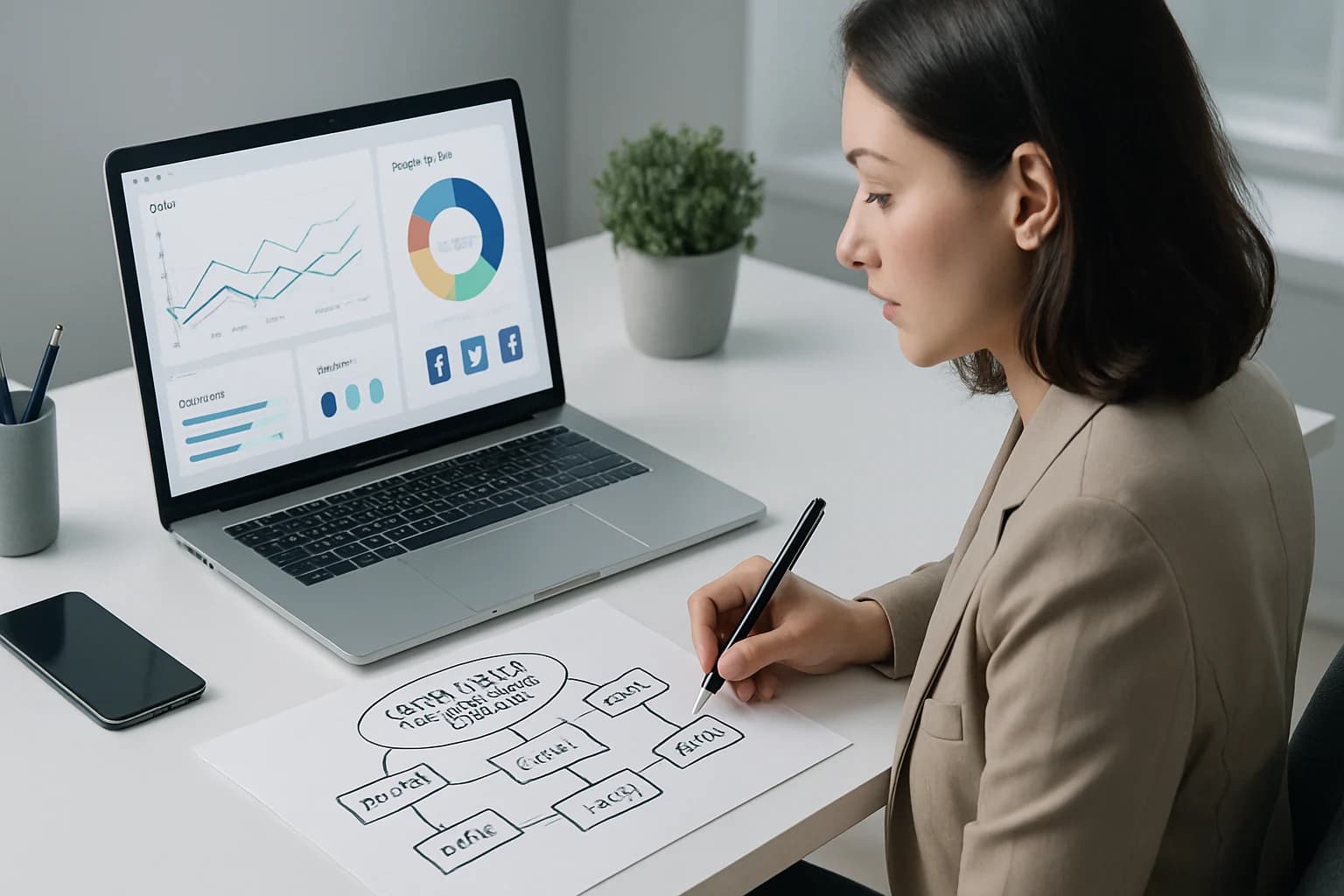 Colorful mind map illustrating steps on how to create a social media marketing strategy.