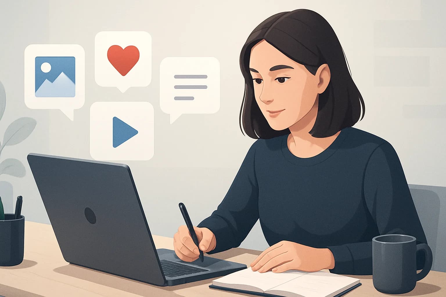 Colorful workspace with a laptop, notepad, and coffee, illustrating how to generate high-quality social media content.